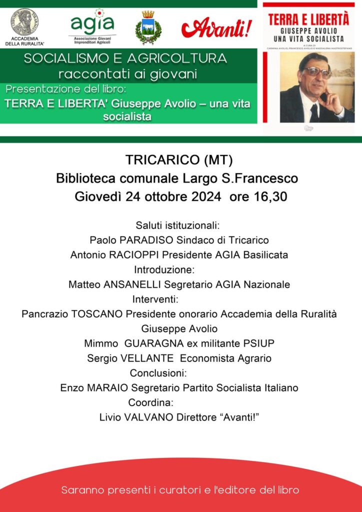 Presentazione domani a Tricarico “Terra e libertà. Giuseppe Avolio, una vita socialista” (Villani editore, 2024)