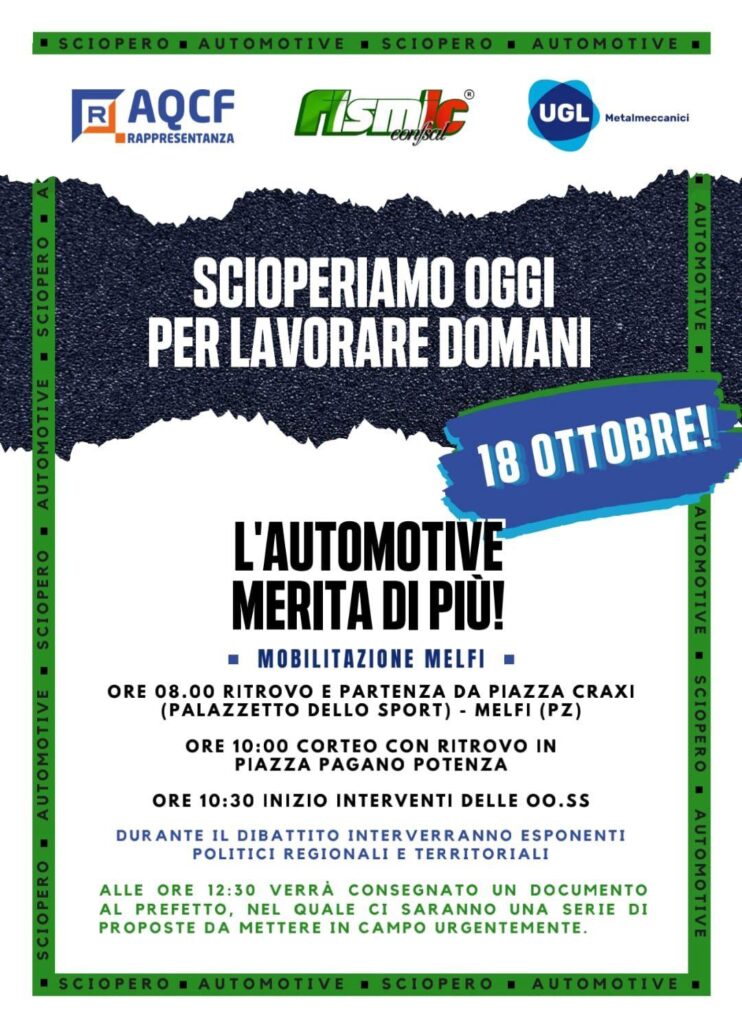 Sciopero Automotive. Appello UGL Basilicata:”Mobilitiamoci, è una gravissima situazione che riguarda tutti!” basilicata