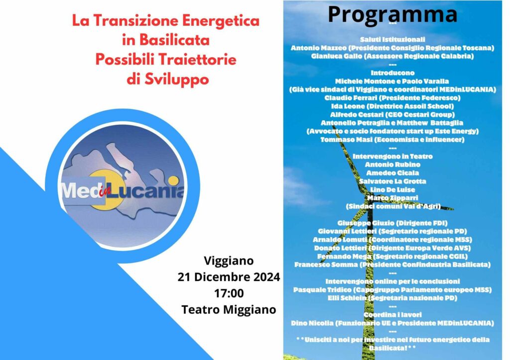 Transizione energetica, sostenibilità e futuro. Sabato 21 dicembre la Basilicata al centro di un grande evento a Viggiano