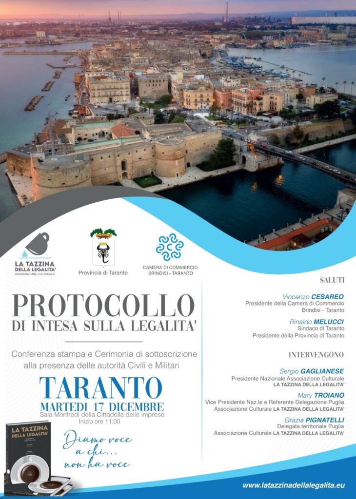La Tazzina della Legalità: il 17 dicembre nella Cittadella delle imprese di Taranto la sottoscrizione del Protocollo d'intesa
