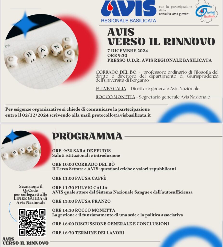 DOMANI A POTENZA I VERTICI NAZIONALI DI AVIS PER L'INIZIATIVA “AVIS VERSO IL RINNOVO”