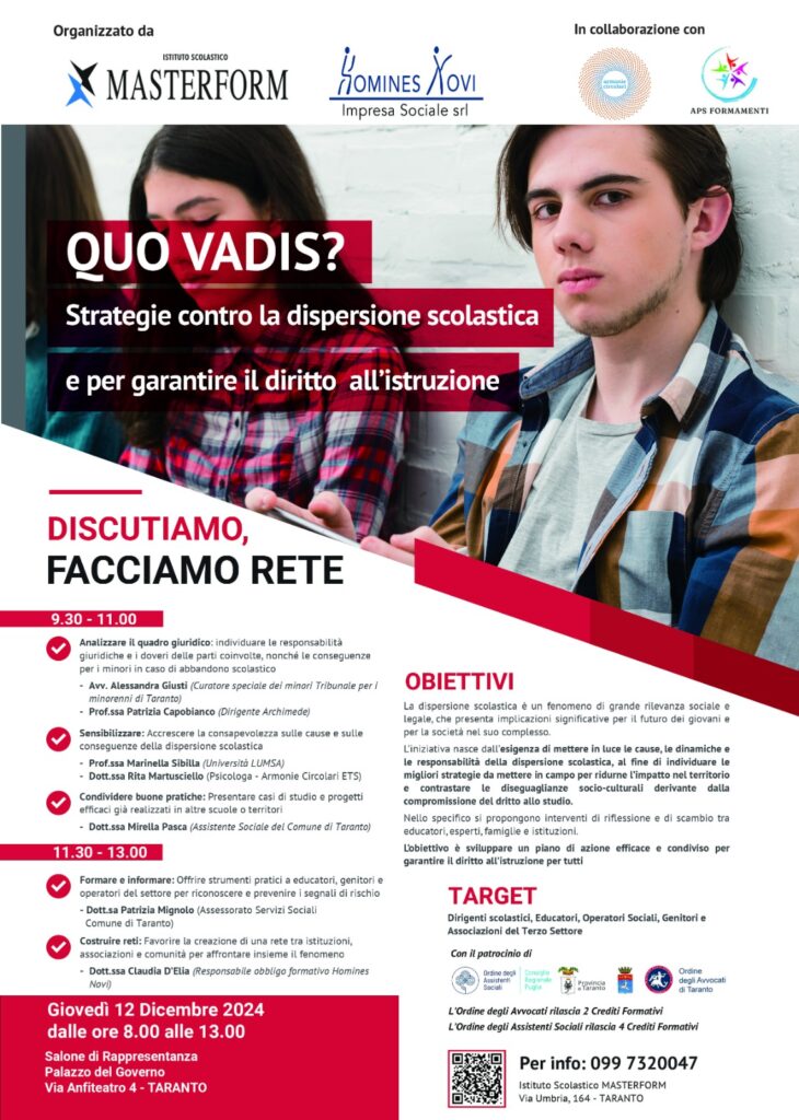 Martedì 10 dicembre prossimo alle ore 11.00 nel Salone degli Specchi di Palazzo di Città, verrà presentato Il convegno “ QUO VADIS? Strategie contro la dispersione scolastica”