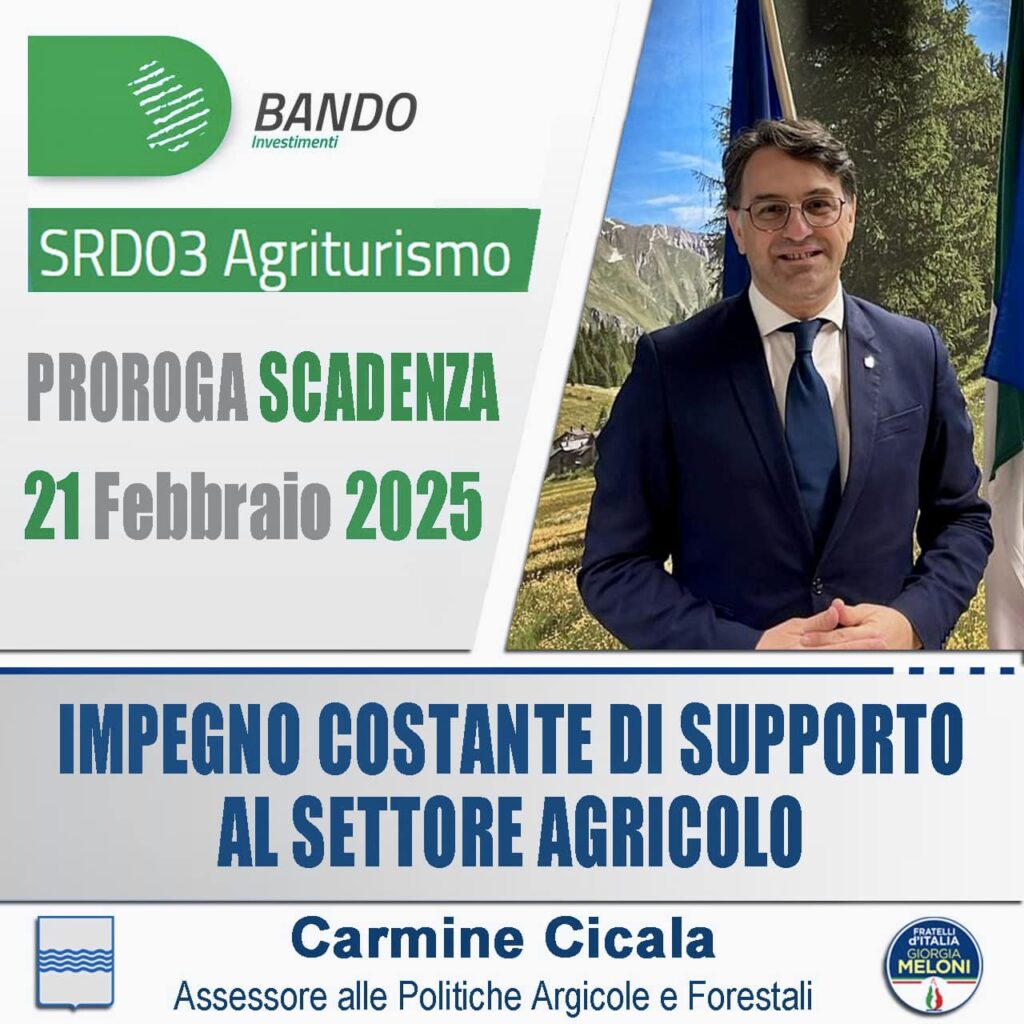 Cicala. Agricoltura, proroga bando SRD03 – azione agriturismo Cicala