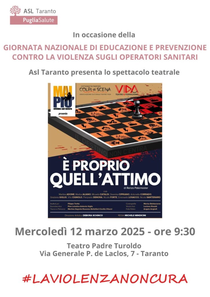 Taranto, 11 marzo 2025 – La violenza non cura: un incontro in teatro per sensibilizzare i più giovani sulla violenza contro gli operatori sanitari.
