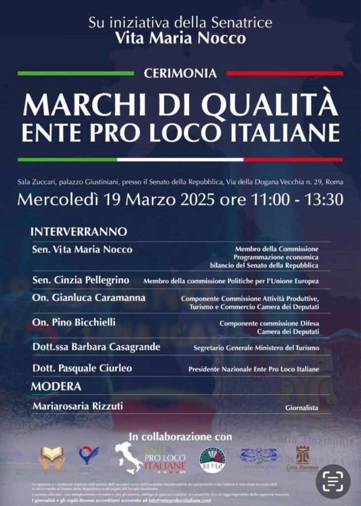 In Senato a Roma la consegna dei marchi di qualità Epli per gli eventi delle Pro Loco di Melfi, Pisticci, Rivello, Satriano di Lucania e Venosa