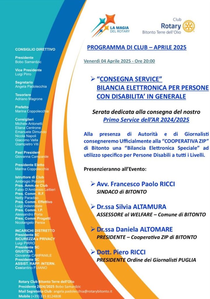 IL ROTARY CLUB BITONTO DONA UNA BILANCIA PER DISABILI ALLA COOPERATIVA ZIP.H