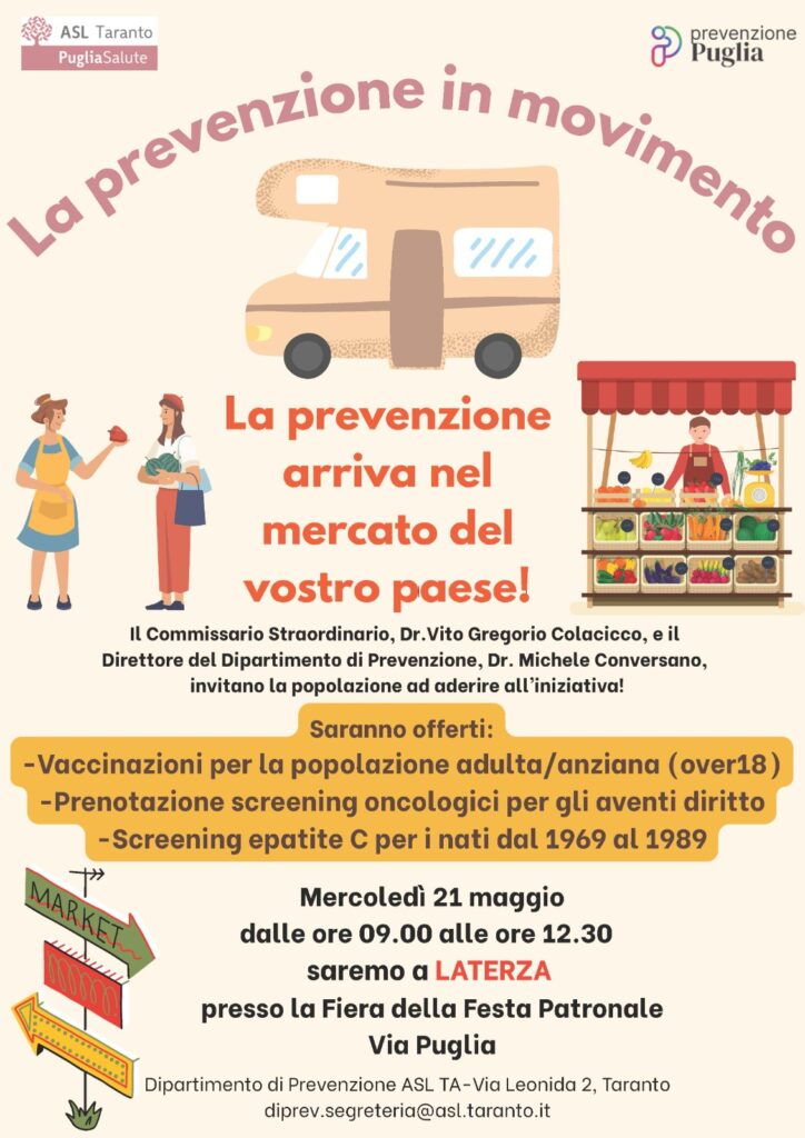 Taranto, 8 maggio 2025 – La prevenzione in movimento: nei mercati settimanali dei paesi della provincia arriva il camper ASL.