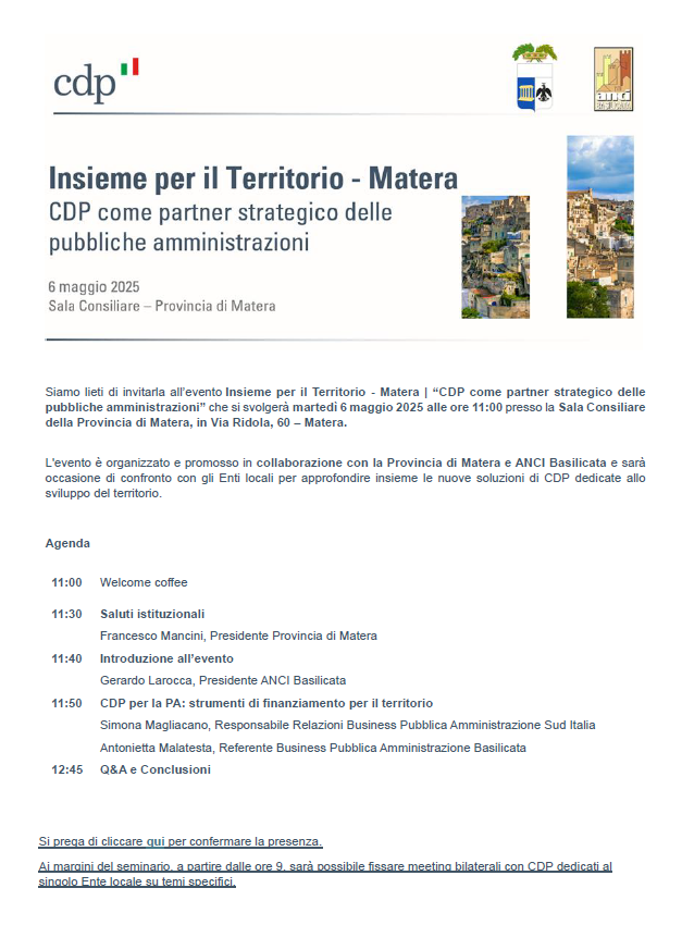 Matera, il 6 maggio Cassa Depositi e Prestiti incontra gli enti locali per presentare soluzioni per lo sviluppo del territorio