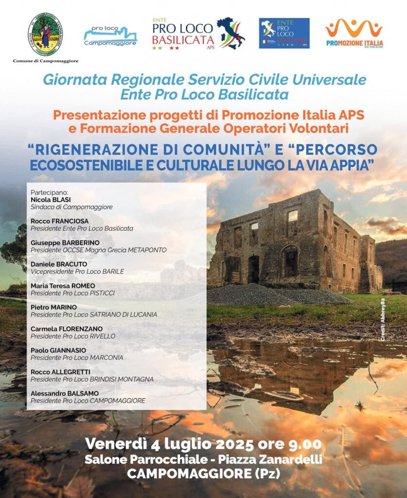 A Campomaggiore venerdì 4 luglio la Giornata regionale del Servizio Civile promossa da Ente Pro Loco Basilicata