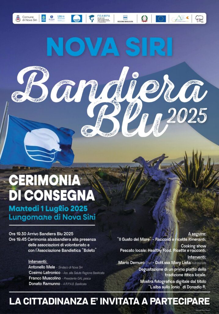 Domani, 1 luglio, alle ore 19.30 sul lungomare la comunità di Nova Siri celebra la consegna della Bandiera Blu 2025, un riconoscimento di eccellenza ambientale e turistica.