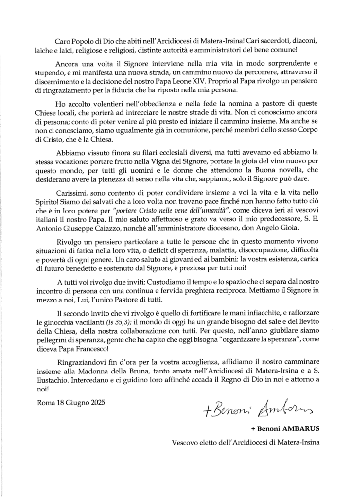 Nomina dell’Arcivescovo di Matera-Irsina, del Vescovo di Tricarico (Italia) e unione in persona Episcopi delle due Sedi Vescovo