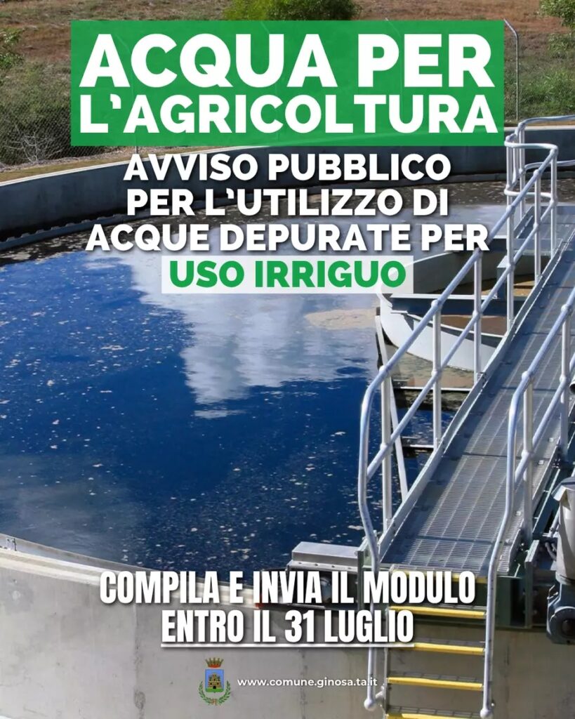 GINOSA, RIUTILIZZO IN AGRICOLTURA DI ACQUE REFLUE DEPURATE: ONLINE AVVISO PUBBLICO ginosa