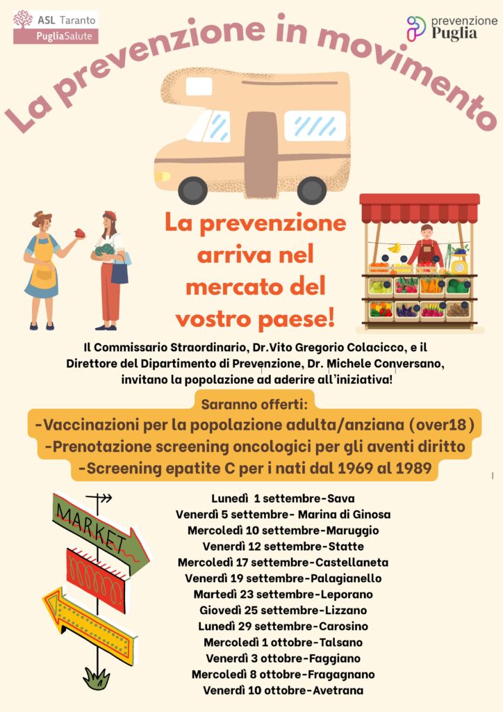 Taranto, 4 settembre 2025 – La prevenzione in movimento: il camper ASL ritorna nei mercati settimanali dei paesi della provincia. Numerosi gli appuntamenti a settembre e ottobre. taranto